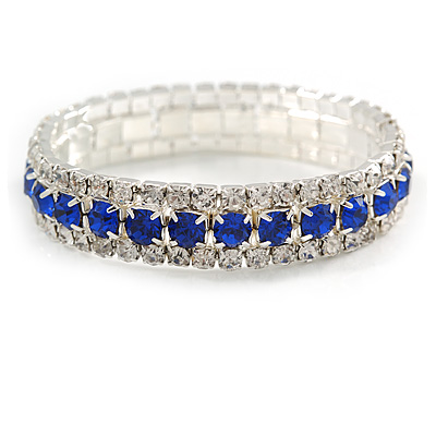 Royal Blue/Clear Swarovski Crystal Flex Bracelet (Silver Tone Metal) - 18cm Length - main view