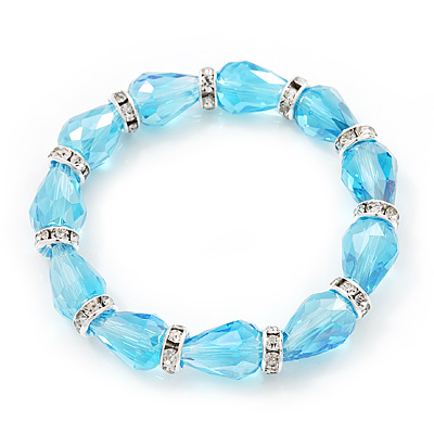 Pale Blue Glass Bead With Clear Crystals Silver Rings Flex Bracelet - 18cm Length - main view
