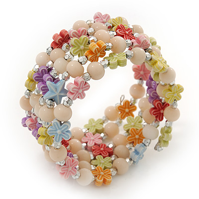 Acrylic Flower Bead Coil Flex Bracelet (Light Pink) - Adjustable - main view