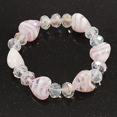 Light Pink/Transparent Heart & Faceted Bead Flex Bracelet - 18cm Length