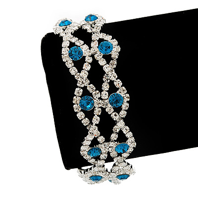 Two Row Clear/ Turquoise Coloured Swarovski Crystal Bracelet - 17cm Length (7cm extension)
