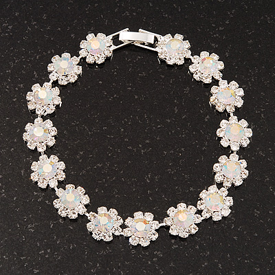Clear/ AB Crystal Floral Bracelet In Rhodium Plated Metal - 17cm Length