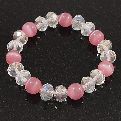 Pink/Transparent Glass Bead Flex Bracelet - 18cm Length