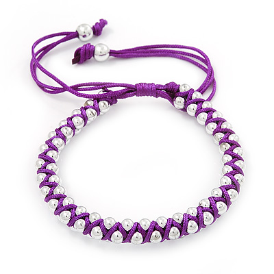 Plaited Purple Silk Cord With Silver Tone Bead Friendship Bracelet - Adjustable