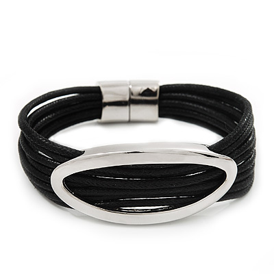 Silver Tone Oval Black Cotton Cord Magnetic Bracelet - 19cm Length