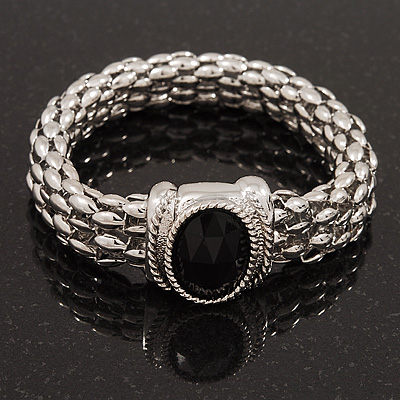 Silver Plated Mesh Magnetic Bracelet With Black Central Stone - 18cm Length - main view