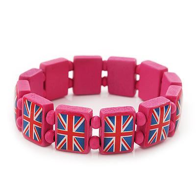 UK British Flag Union Jack Pink Stretch Wooden Bracelet - up to 20cm length