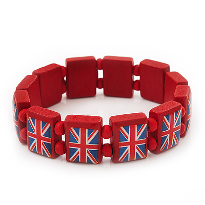 UK British Flag Union Jack Red Stretch Wooden Bracelet - up to 20cm length - main view