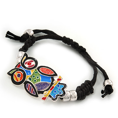 Multicoloured Enamel 'Owl' Black Cotton Cord Bracelet - Adjustable