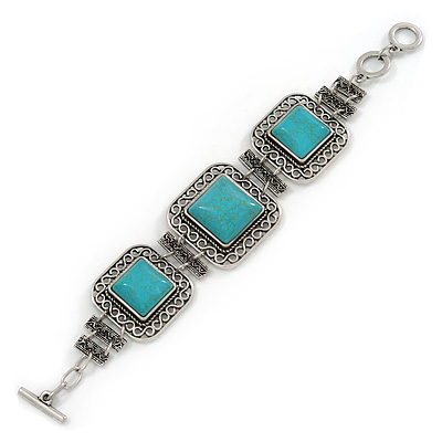Vintage Turquoise Stone Square Filigree Bracelet With Toggle Clasp -18cm Length