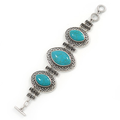 Vintage Turquoise Stone, Oval Filigree Bracelet With Toggle Clasp -18cm Length