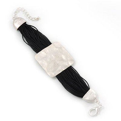 Ethnic Hammered Square Disk Black Cotton Cord Bracelet In Silver Plating - 16cm Length/ 5cm Extension