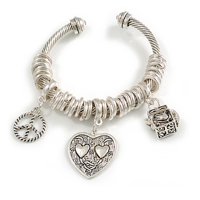 'Its A Secret' Silver Plated Twisted Charm Cuff Bracelet - Adjustable