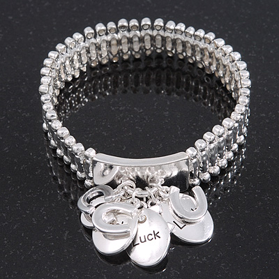 Silver Plated Charm 'Horseshoe & Luck' Flex Bracelet - 19cm Length - main view