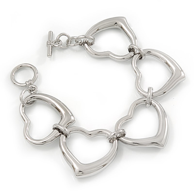 Polished Rhodium Plated Open Heart Bracelet With T-Bar Closure - 16cm Length (For Small Wrists)