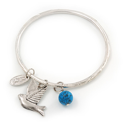 Thin Hammered Charm 'Swallow, Turquoise Bead & Medallion' Bangle In Silver Plating - 18cm Length