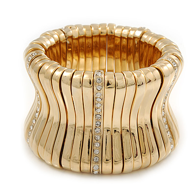 Polished Gold Plated Concave Diamante Bracelet -17cm Length