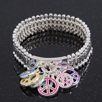 Silver Plated Multicoloured 'Peace' Charm Flex Bracelet - 19cm Length