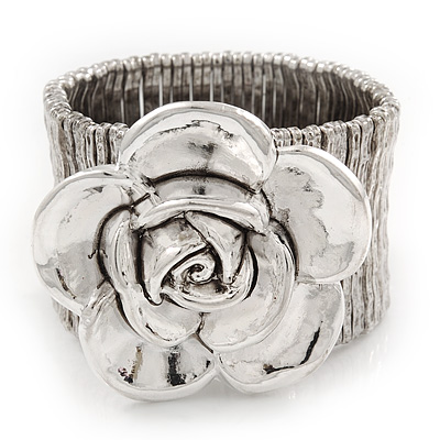 Large 'Daisy' Floral Flex Bracelet In Silver Plating - 19cm Length