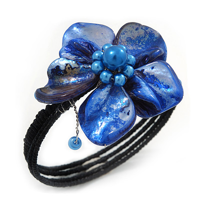 Blue Shell Bead Flower Wired Flex Bracelet - Adjustable