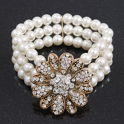 Vintage Multistrand White Simulated Glass Pearl 'Flower' Flex Bracelet - up to 20cm Length