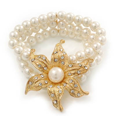Multistrand White Simulated Glass Pearl 'Flower' Flex Bracelet - up to 20cm Length
