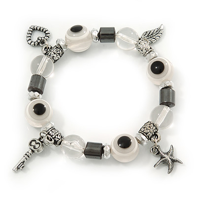 Evil Eye Black/White Acrylic Bead Protection Stretch Bracelet In Burn Silver - 9mm Diameter - Adjustable