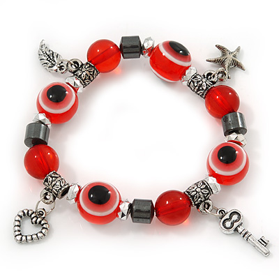 Evil Eye Red Acrylic Bead Protection Stretch Bracelet In Burn Silver - 9mm Diameter - Adjustable