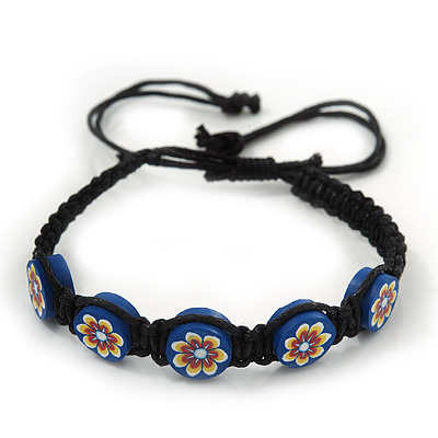 Blue/Black Floral Wooden Friendship Style Cotton Cord Bracelet - Adjustable
