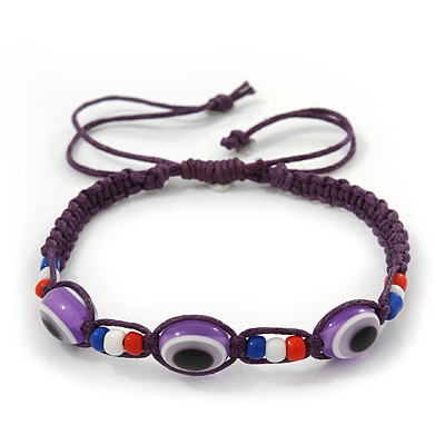 Evil Eye Acrylic Bead Protection Friendship Cord Bracelet In Purple- Adjustable