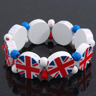 UK British Flag Union Jack Stretch White  Wooden Bracelet - up to 20cm length