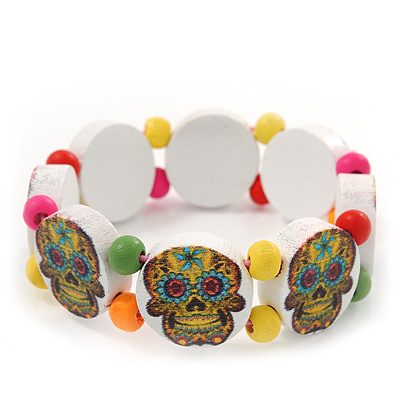 White Wooden 'Mexican Candy Skull' Flex Bracelet - Adjustable