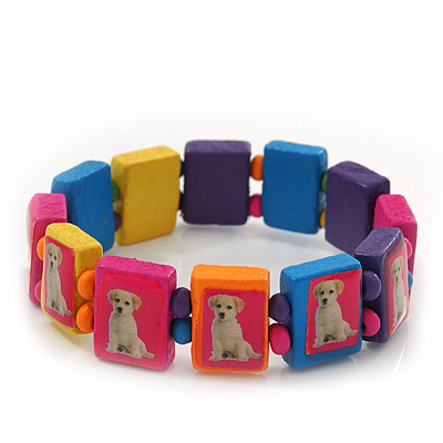 Multicoloured Wooden 'Dog' Stretch Bracelet - Adjustable
