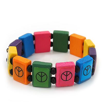 Multicoloured Wooden 'Peace' Flex Bracelet - Adjustable - main view