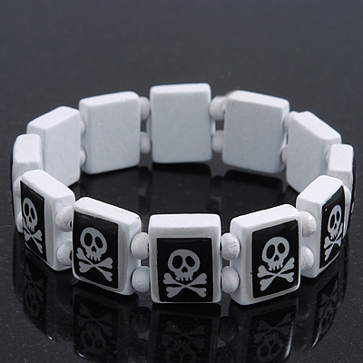 White/Black  Wood Flex 'Skull & Crossbones' Bracelet - up to 20cm Length