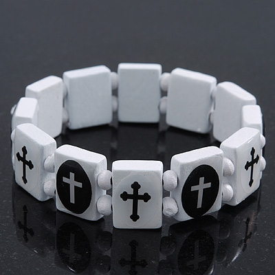 White/Black Wood Flex 'Cross' Bracelet - up to 20cm Length