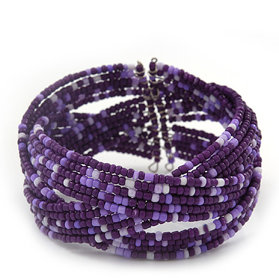 Boho Purple/ Lavender Grey Glass Bead Plaited Flex Cuff Bracelet - Adjustable