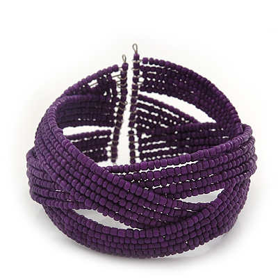 Boho Purple Glass Bead Plaited Flex Cuff Bracelet - Adjustable