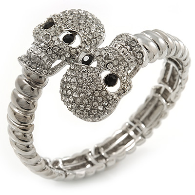 Clear Crystal 'Double Skull' Flex Bracelet In Rhodium Plating - Adjustable - main view