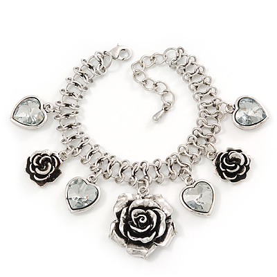 Vintage 'Rose&Heart' Mesh Charm Bracelet In Burn Silver Metal - 17cm Length/ 4cm Extension - main view