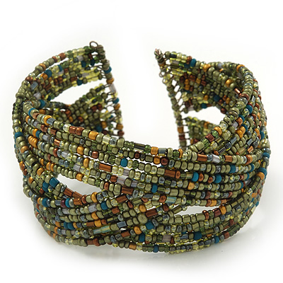 Boho Light Green/Brown/Gold Glass Bead Plaited Flex Cuff Bracelet - Adjustable