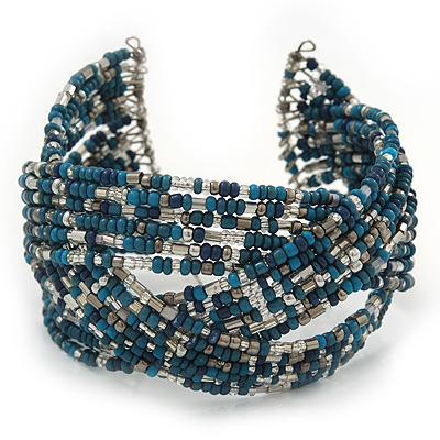 Boho Blue/ Silver/ Turquoise Coloured Glass Bead Plaited Flex Cuff Bracelet - Adjustable