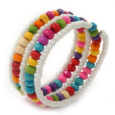 Teen's White Glass/ Multicoloured Wood Bead Multistrand Flex Bracelet - Adjustable