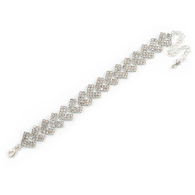 Statement Clear Crystal Zig Zag Bracelet In Silver Tone Metal - 16cm L/ 8cm Ext