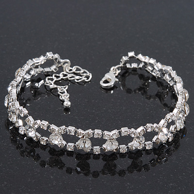 Classic Bridal Diamante Oval Link Bracelet In Rhodium Plated Metal - 17cm Length/ 5cm Extension