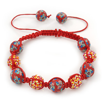 Brick Red Acrylic/Diamante Bead Children/Girls/ Petites Teen Bracelet On Red String - Adjustable - main view
