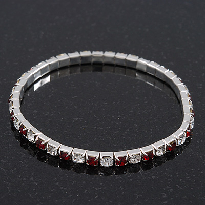 Slim Burgundy Red/Clear Diamante Flex Bracelet In Silver Plating - 18cm Length - main view