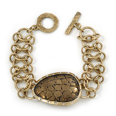 Vintage 'Cracked Effect' Oval Bracelet With T-Bar Closure In Burn Gold Metal - 18cm Length
