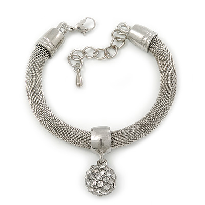 Silver Plated Mesh Bracelet With Crystal Ball - 17cm Length/ 5cm Extension