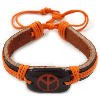 Unisex Dark Brown/ Orange Leather 'Peace' Friendship Bracelet - Adjustable